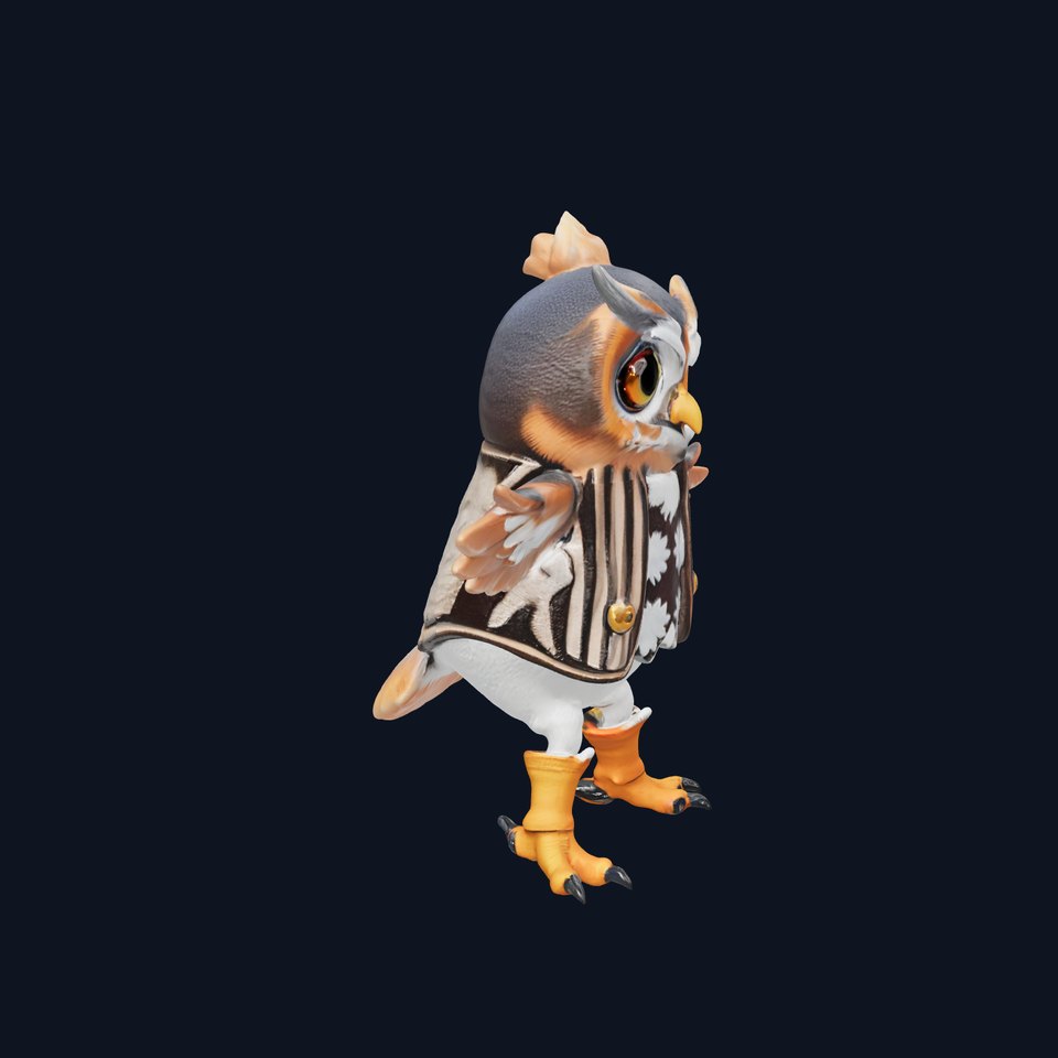 Animated Rigged Owl Character Model with Vest and Boots